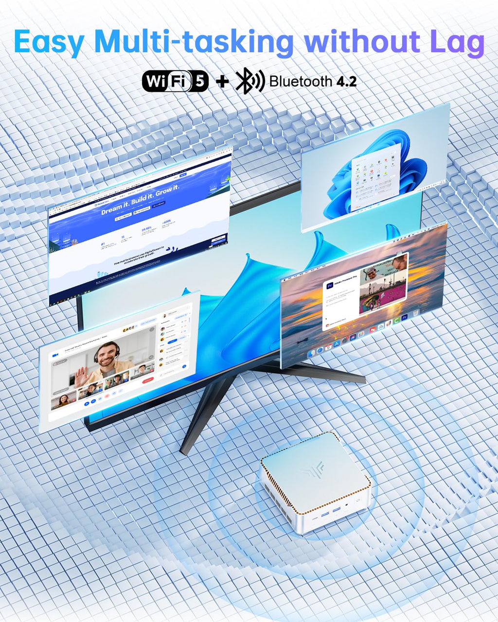 Mini PC P2 avec processeur AMD Ryzen R2544 16 Go DDR4 256 Go SSD M.2 triple écran 4K HDMI DisplayPort Windows 11 Pro