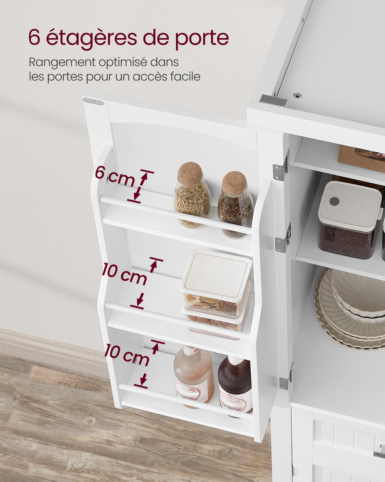 Buffet haut de cuisine BBC561W21 avec tiroir placards et étagères réglables charge maximale 27 kg 76 x 182,1 cm blanc