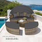 Bain de soleil modulable Santorin II en résine tressée avec pare-soleil pliable coussins inclus structure acier marron naturel