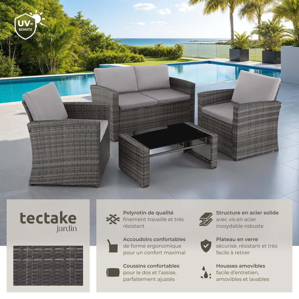 Salon de jardin en résine tressée 4 personnes canapé fauteuils table plateau verre avec coussins gris entretien facile 122 x 70 x 76 cm
