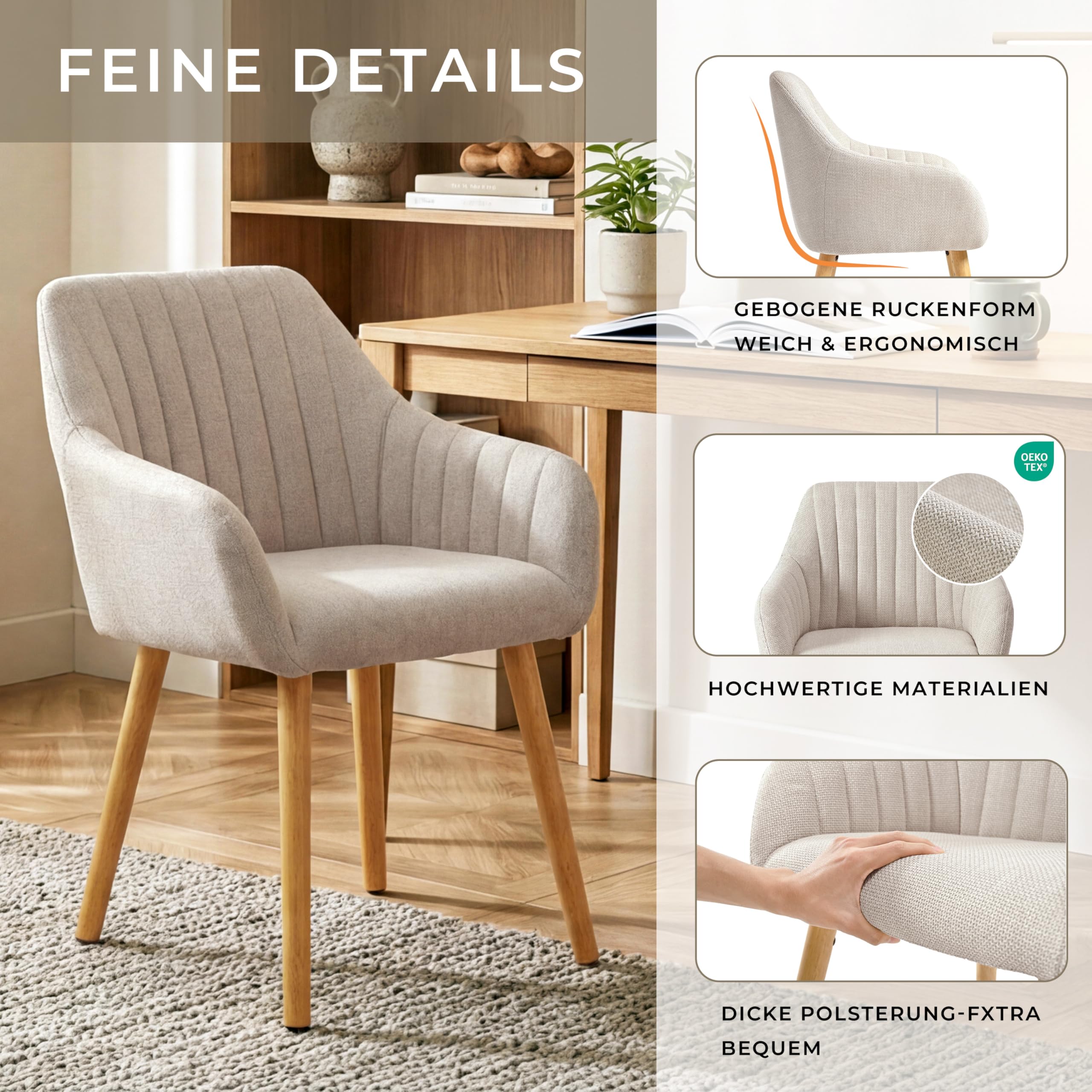 Chaises de salle à manger avec accoudoirs dossier réglable en velours rembourré lot de 6 pieds en bois beige