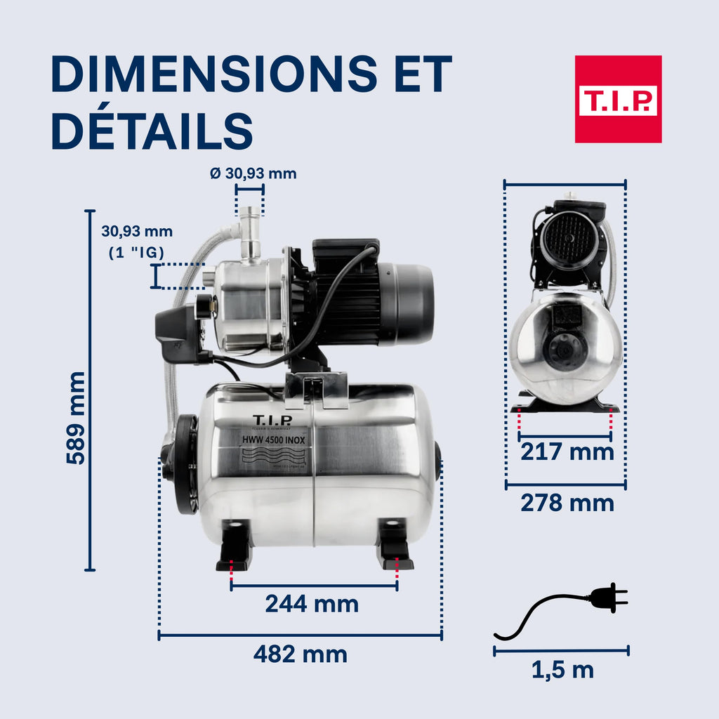 Circuit d’eau domestique HWW 4500 1200 W débit 4350 l/h avec cuve de pression inox 22 L