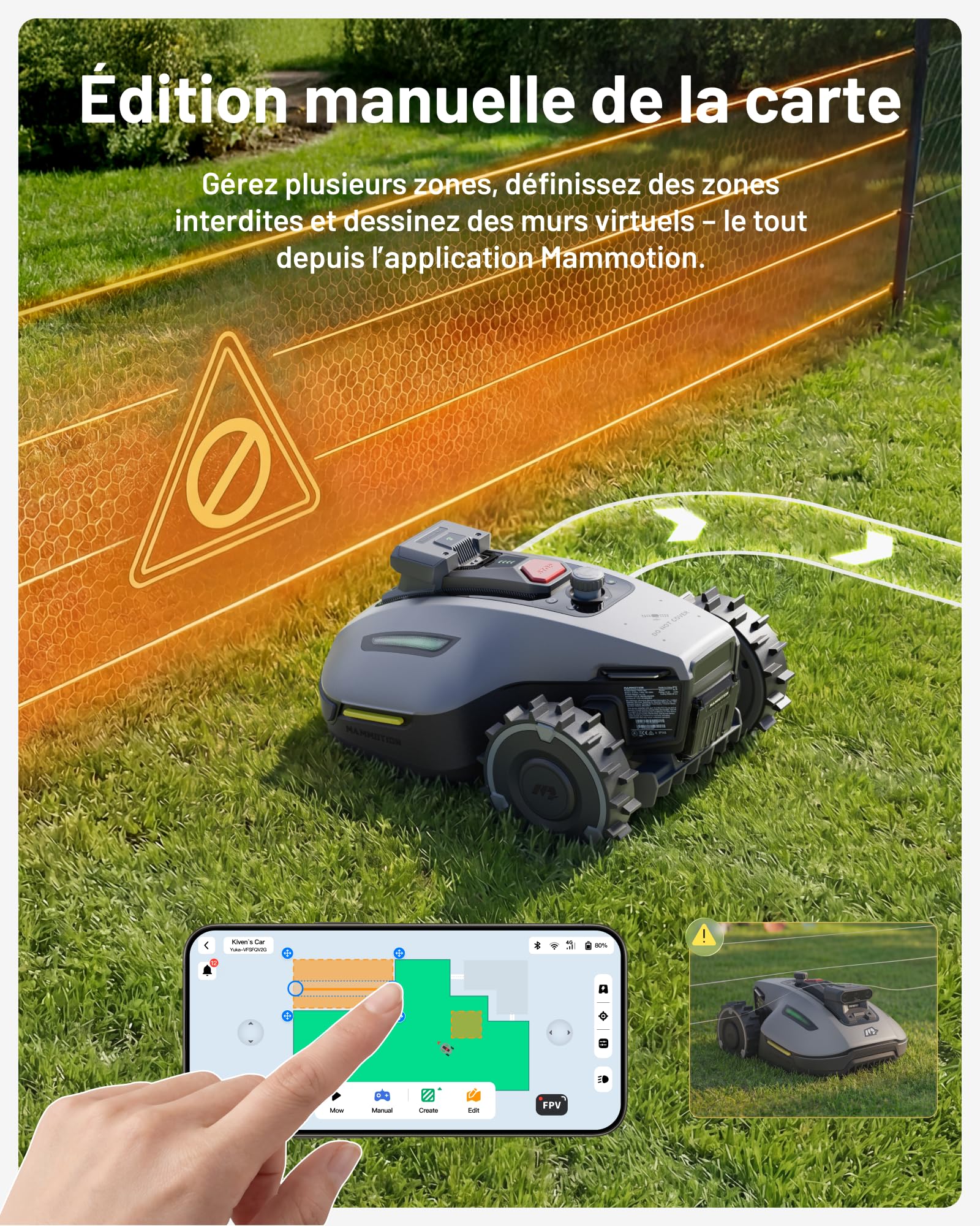 Robot tondeuse YUKA Mini 2 500 YMVS3 sans fil pour pelouse jusqu'à 500 m² caméra IA triple vision cartographie multi-zones coupe 19 cm