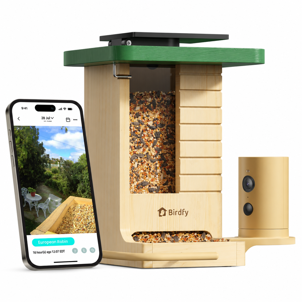 Mangeoire oiseaux avec caméra solaire Birdfy bois 1080p IA identification 6000 espèces batterie 5200mAh