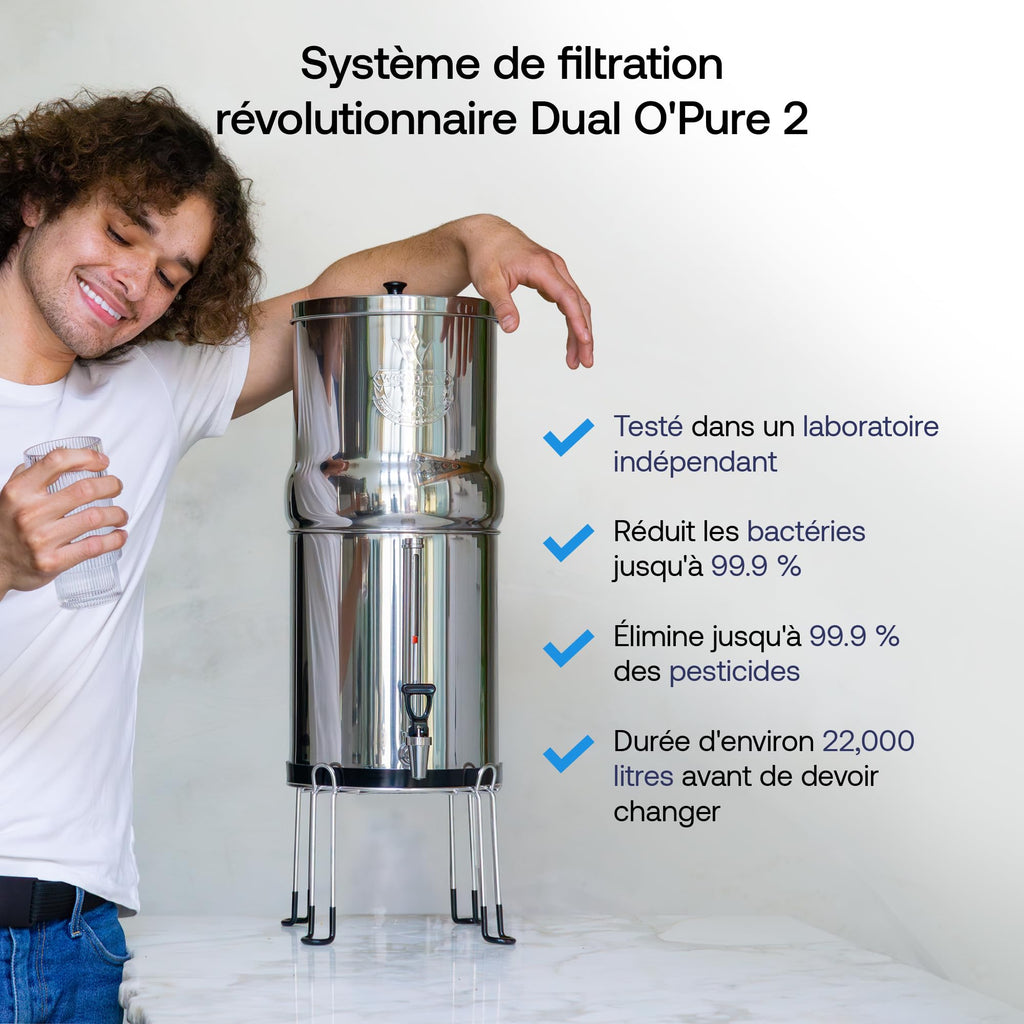 Système de filtration d’eau par gravité Earth WEEP850 en acier inoxydable AISI 304 8,5 L avec 2 éléments filtrants O’Pure 2