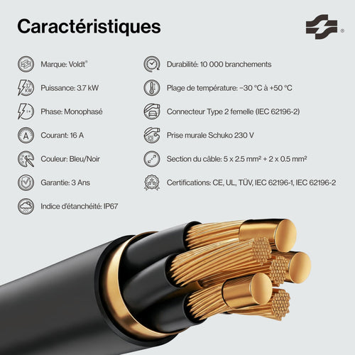 Câble de charge Type 2 Schuko 3,7 kW monophasé 8A-16A compatible véhicules électriques avec affichage numérique