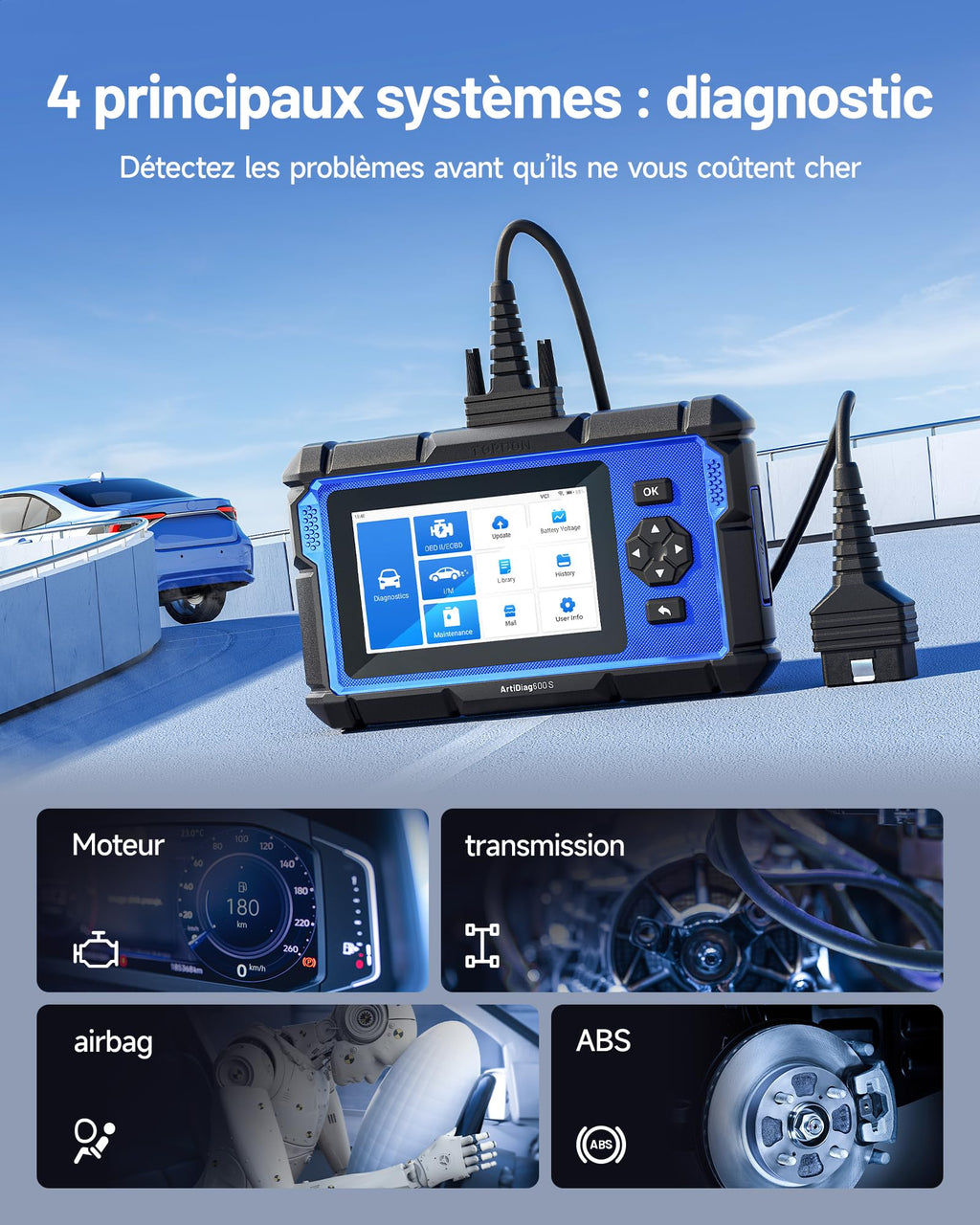 Valise diagnostic auto OBD2 ArtiDiag600S écran tactile 5 pouces Android 11 diagnostic 4 systèmes 9 fonctions réinitialisation