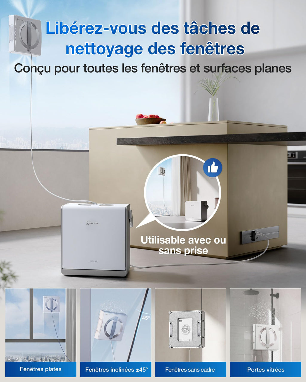 Robot nettoyeur de vitres WINBOT W2 Pro Omni avec station multifonction buse triple pulvérisation système de protection 12 niveaux