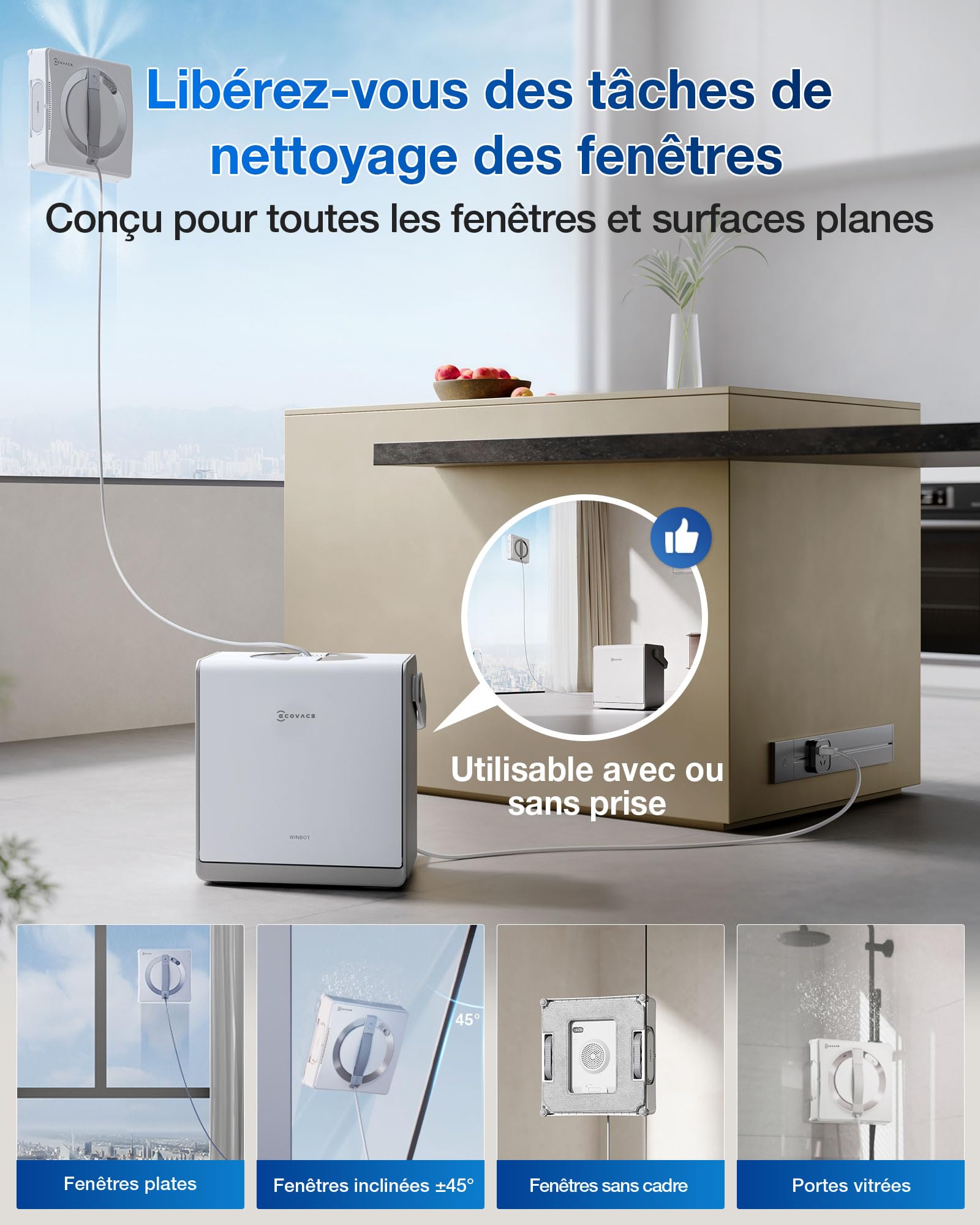 Robot nettoyeur de vitres WINBOT W2 Pro Omni avec station multifonction buse triple pulvérisation système de protection 12 niveaux