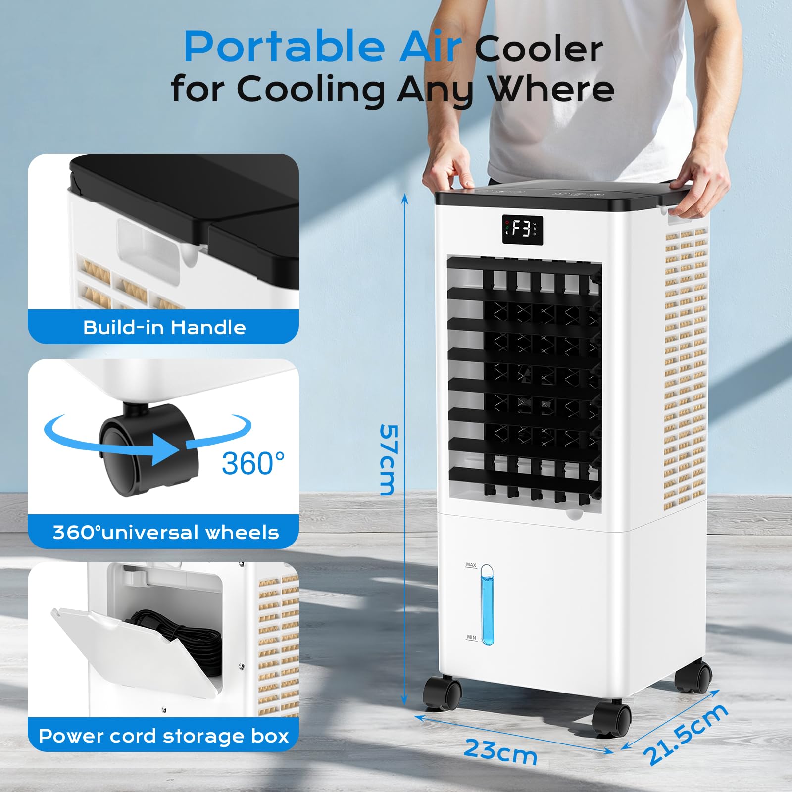 Climatiseur mobile portable BW-108Y 8 L avec refroidissement par évaporation ventilation humidification 3 vitesses et minuterie 12 h