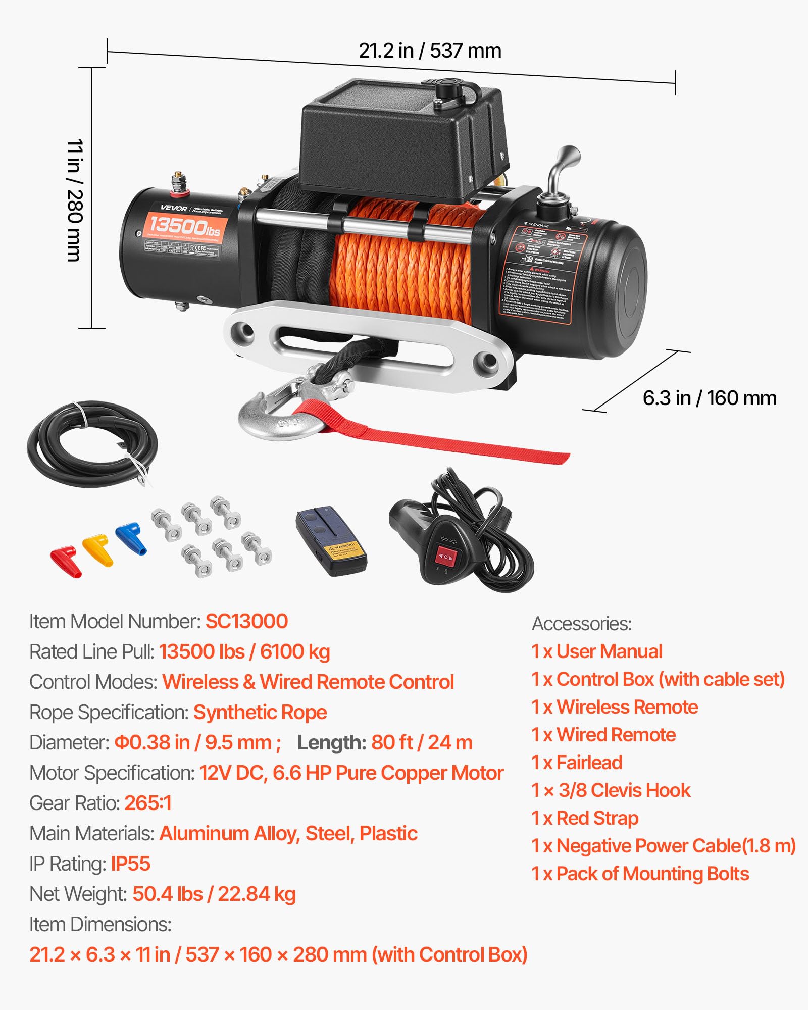 Treuil Électrique 12V 6123kg Capacité Corde Synthétique 9,5mm x 24m Télécommande Sans Fil