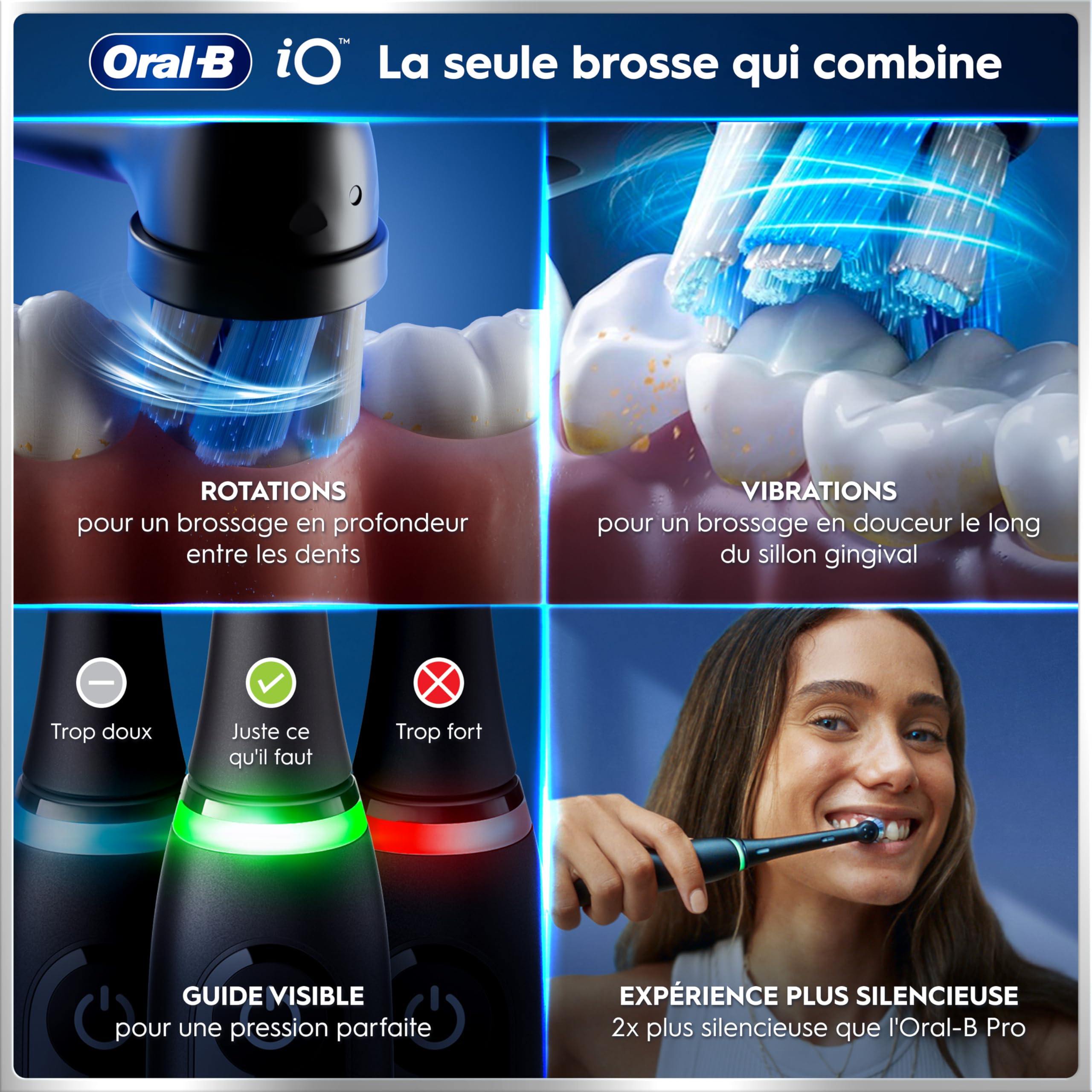 Brosse à dents électrique iO 6 rechargeable avec écran interactif capteur de pression 5 modes de brossage 3 brossettes et étui de voyage