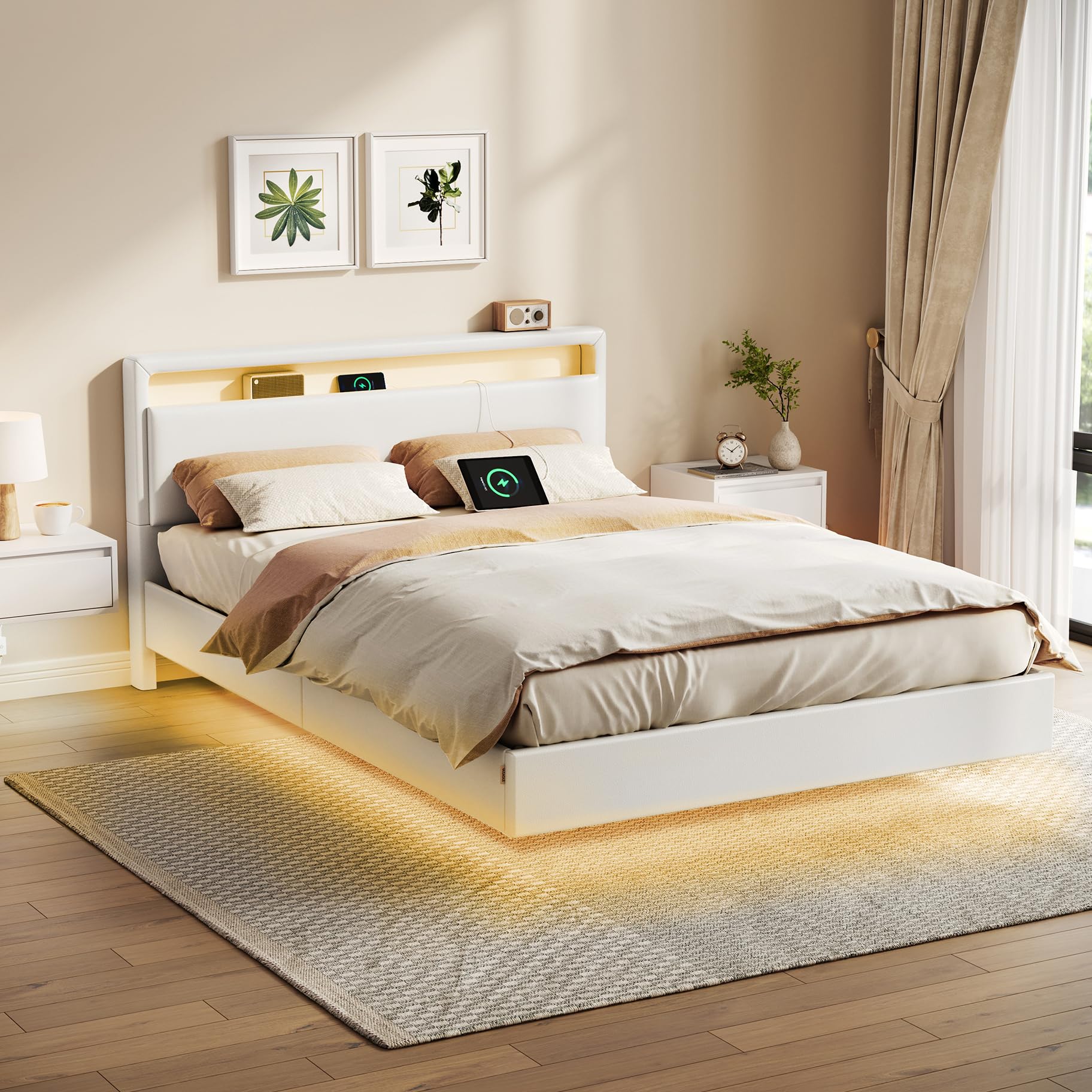 Lit double flottant 140 x 190 cm cadre avec éclairage LED tête de lit rembourrée ports USB et étagère