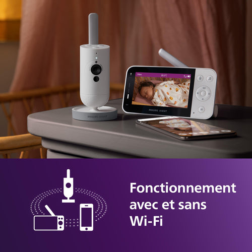 Babyphone vidéo connecté SCD951/26 avec caméra HD 1080p Wi-Fi vision nocturne infrarouge audio bidirectionnel et détection des pleurs