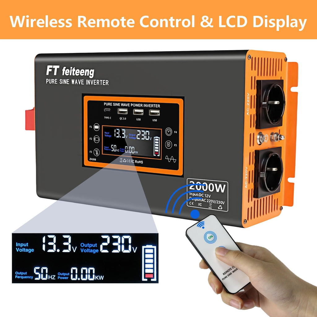 Convertisseur pur sinus 12V vers 220V PSW 2000W avec écran LCD télécommande ports USB et 2 prises CA