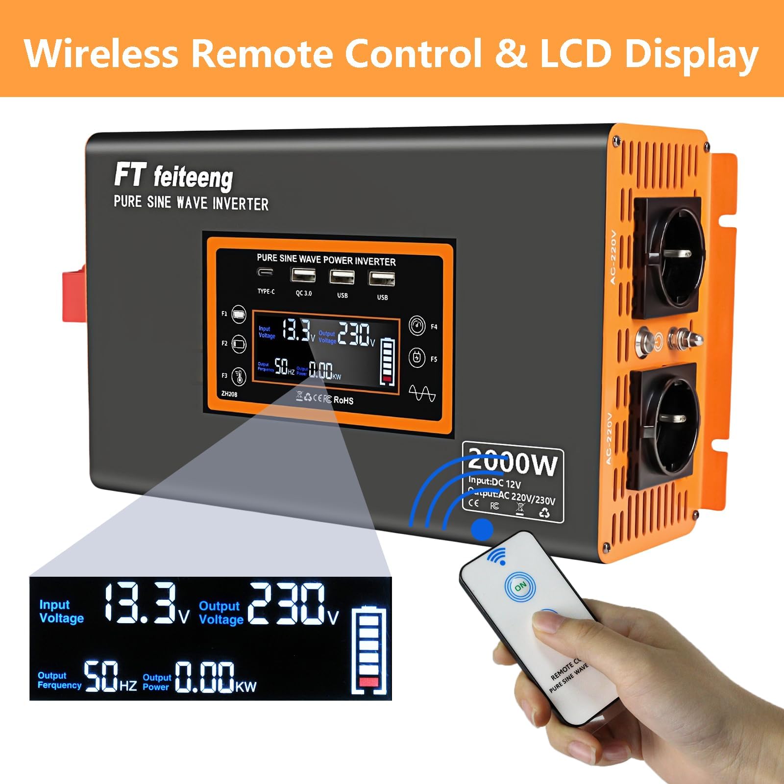 Convertisseur pur sinus 12V vers 220V PSW 2000W avec écran LCD télécommande ports USB et 2 prises CA