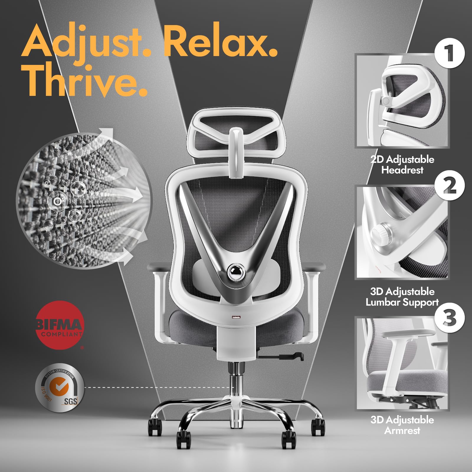 Chaise de bureau ergonomique Vchair-GR avec support lombaire réglable accoudoirs 3D appui-tête réglable dossier en maille pivotante blanc
