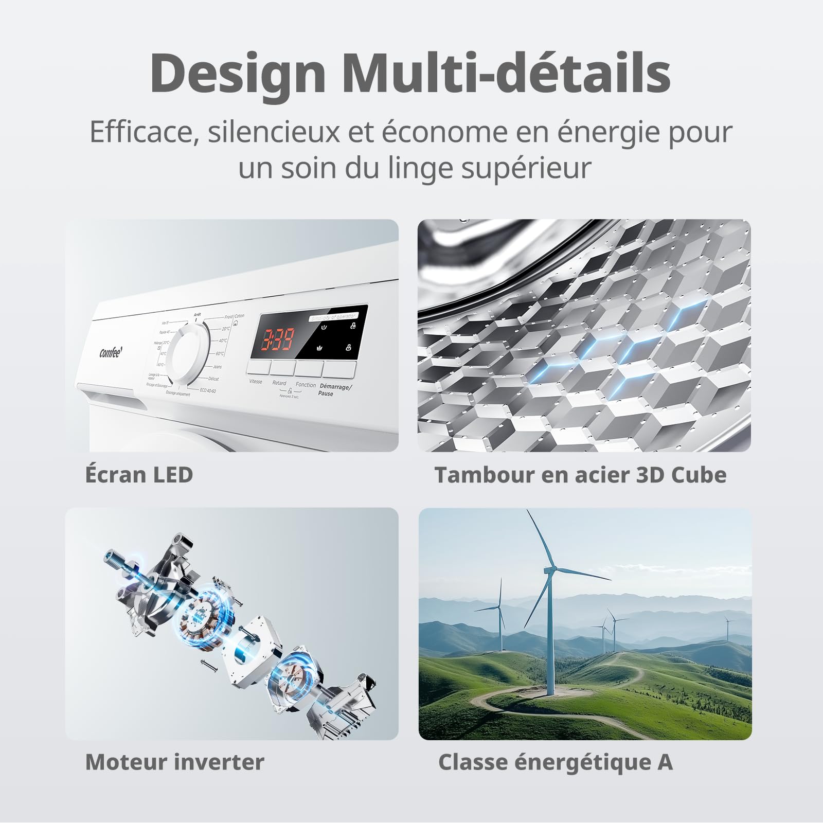 Lave-linge frontal 9 kg CFE12EW90/W Classe énergétique A Moteur BLDC 1400 tr/min 15 programmes Vapeur
