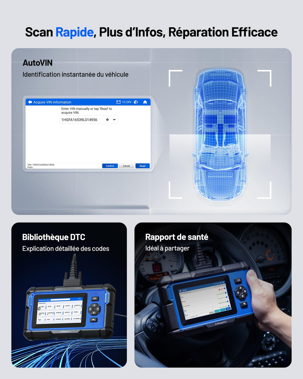 Valise diagnostic auto OBD2 ArtiDiag600S écran tactile 5 pouces Android 11 diagnostic 4 systèmes 9 fonctions réinitialisation