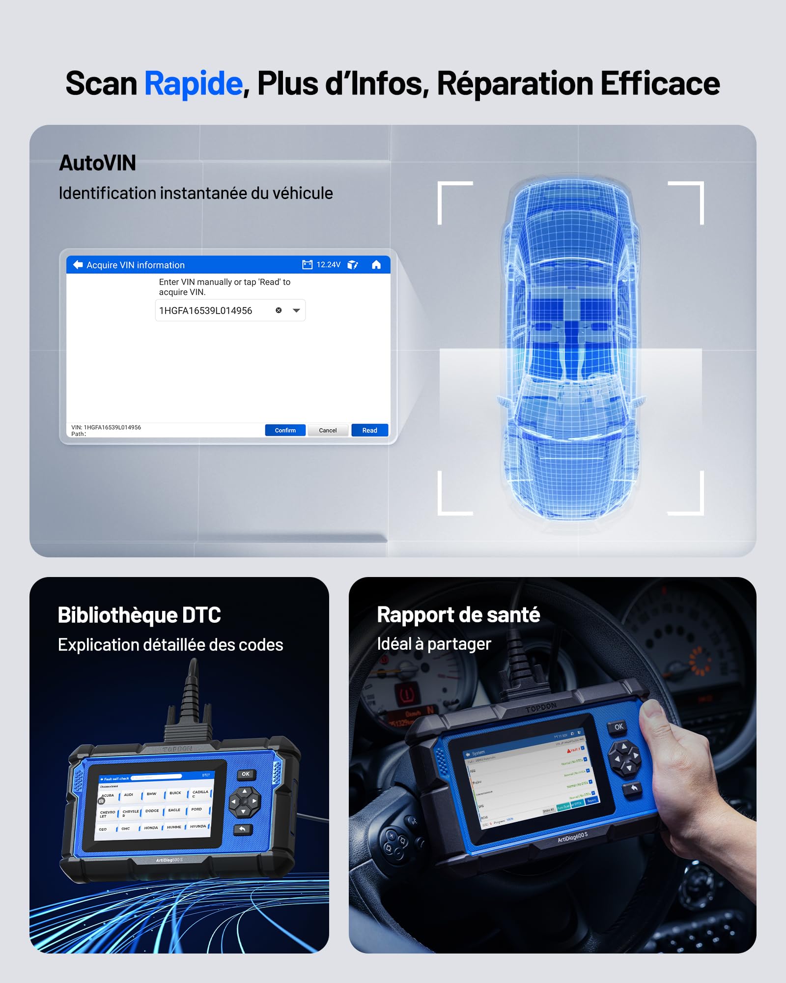 Valise diagnostic auto OBD2 ArtiDiag600S écran tactile 5 pouces Android 11 diagnostic 4 systèmes 9 fonctions réinitialisation