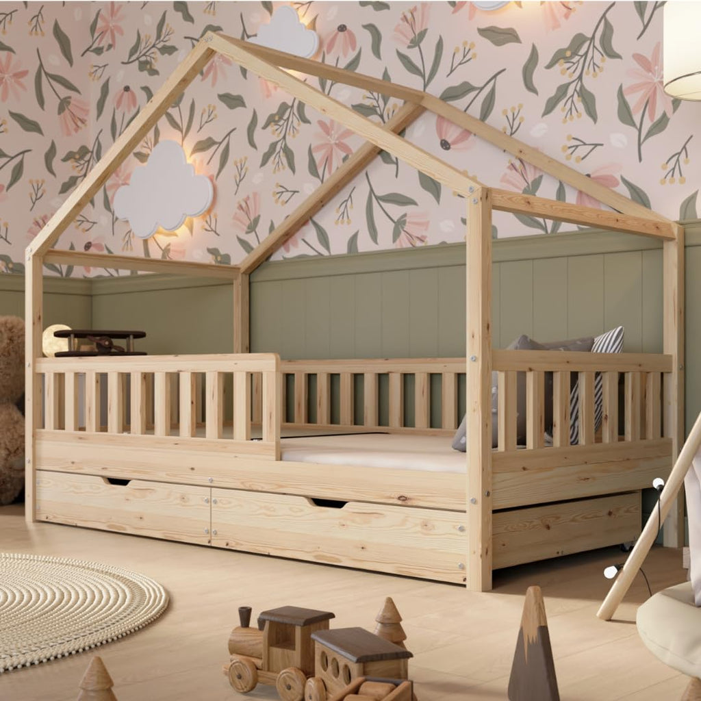 Lit cabane enfant Crazy House 190x90 cm en bois de pin avec tiroirs de rangement barrière de sécurité sommier inclus
