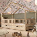 Lit cabane enfant Crazy House 190x90 cm en bois de pin avec tiroirs de rangement barrière de sécurité sommier inclus