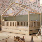 Lit cabane enfant Crazy House 190x90 cm en bois de pin avec tiroirs de rangement barrière de sécurité sommier inclus