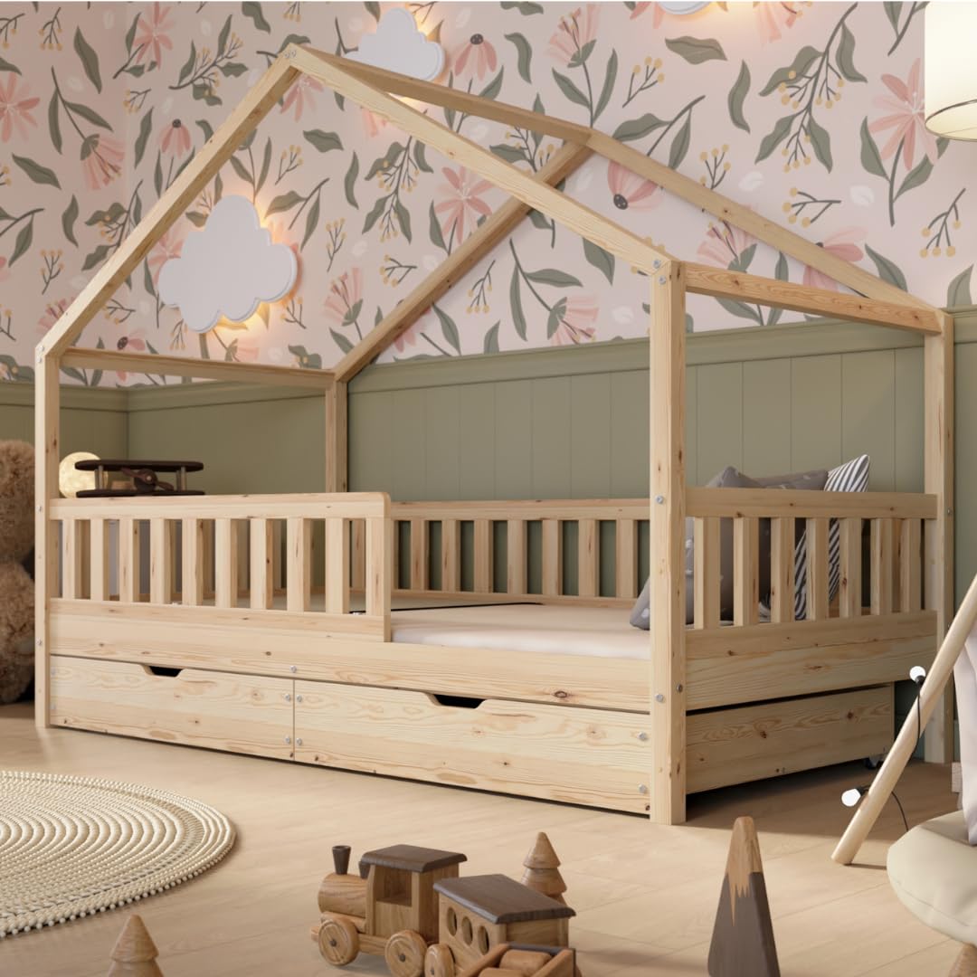 Lit cabane enfant Crazy House 190x90 cm en bois de pin avec tiroirs de rangement barrière de sécurité sommier inclus