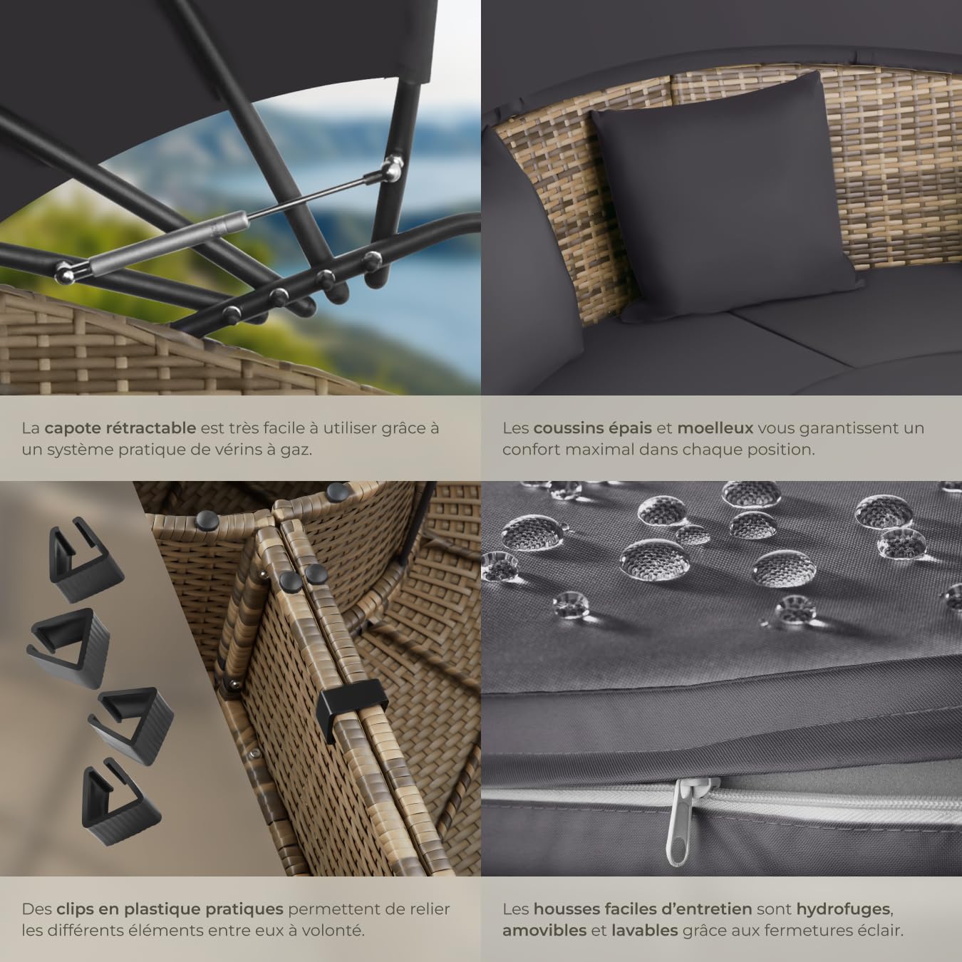 Bain de soleil modulable Santorin II en résine tressée avec pare-soleil pliable coussins inclus structure acier marron naturel