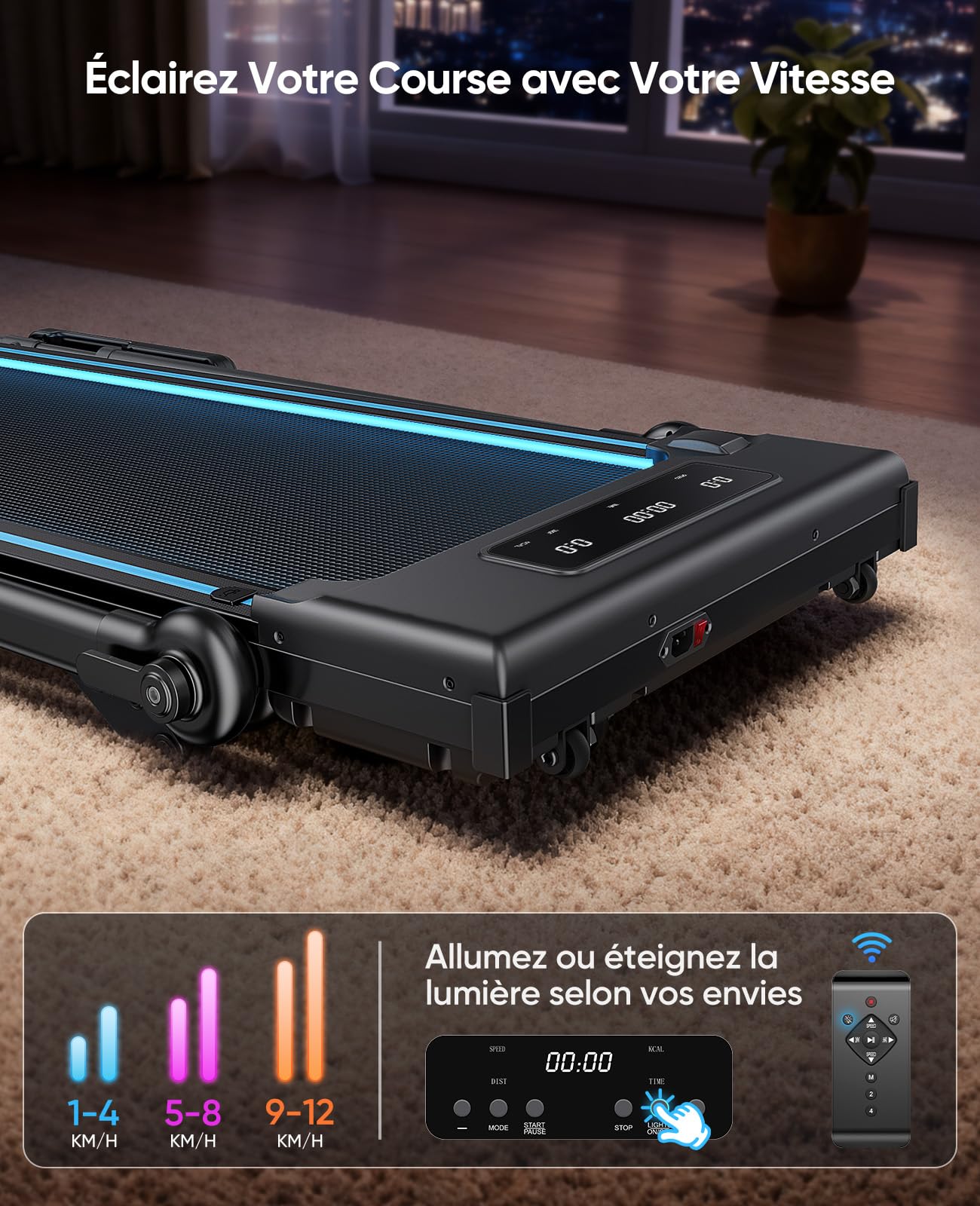 Tapis de course pliable inclinable RM02 6 en 1 avec bureau amovible vitesse 12 km/h moteur 3.0 HP inclinaison 12% charge 150 kg