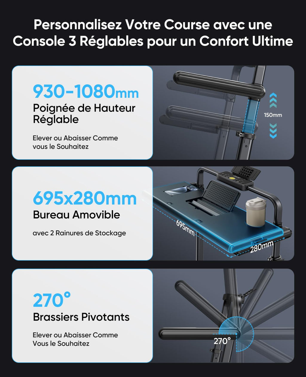 Tapis de course pliable inclinable RM02 6 en 1 avec bureau amovible vitesse 12 km/h moteur 3.0 HP inclinaison 12% charge 150 kg