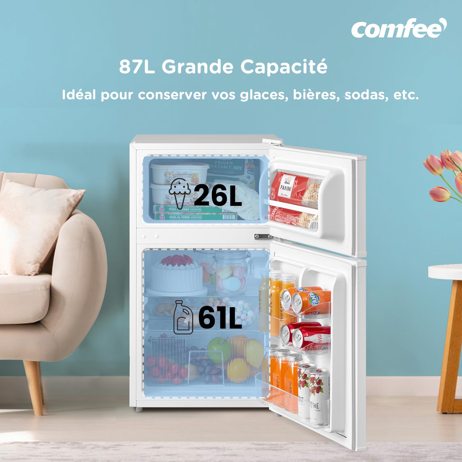 Réfrigérateur congélateur sous plan RCT87WH2(E) 87L 2 portes thermostat réglable étagères amovibles porte réversible blanc