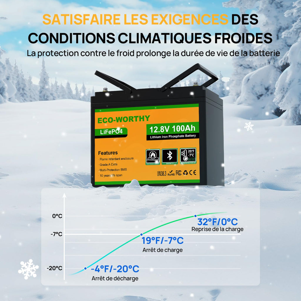 Batterie lithium LiFePO4 12V 100Ah Bluetooth avec BMS protection basse température camping-car bateau énergie solaire
