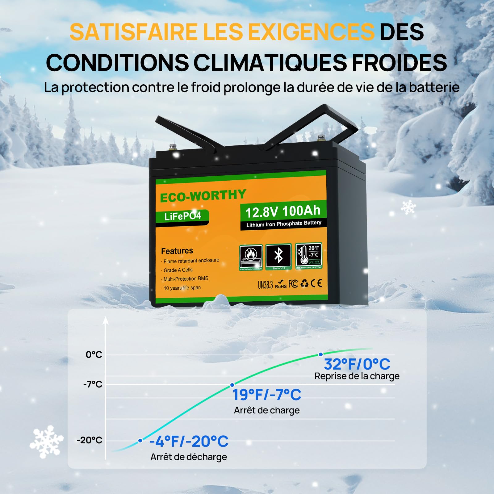 Batterie lithium LiFePO4 12V 100Ah Bluetooth avec BMS protection basse température camping-car bateau énergie solaire