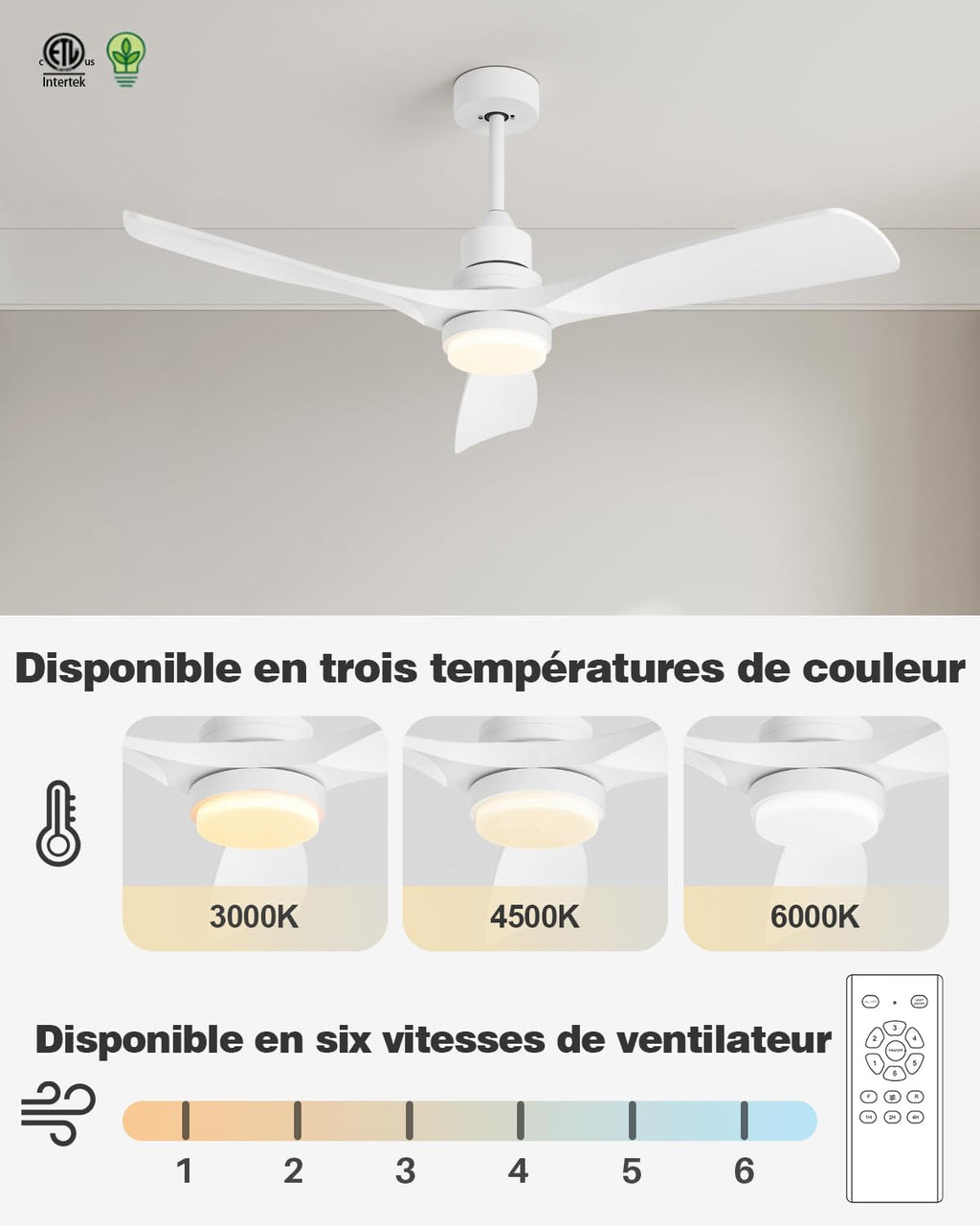 Ventilateur de plafond avec lumière LED QX-05-DE 132 cm moteur DC réversible 6 vitesses télécommande 3 pales éclairage réglable