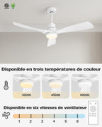Ventilateur de plafond avec lumière LED QX-05-DE 132 cm moteur DC réversible 6 vitesses télécommande 3 pales éclairage réglable