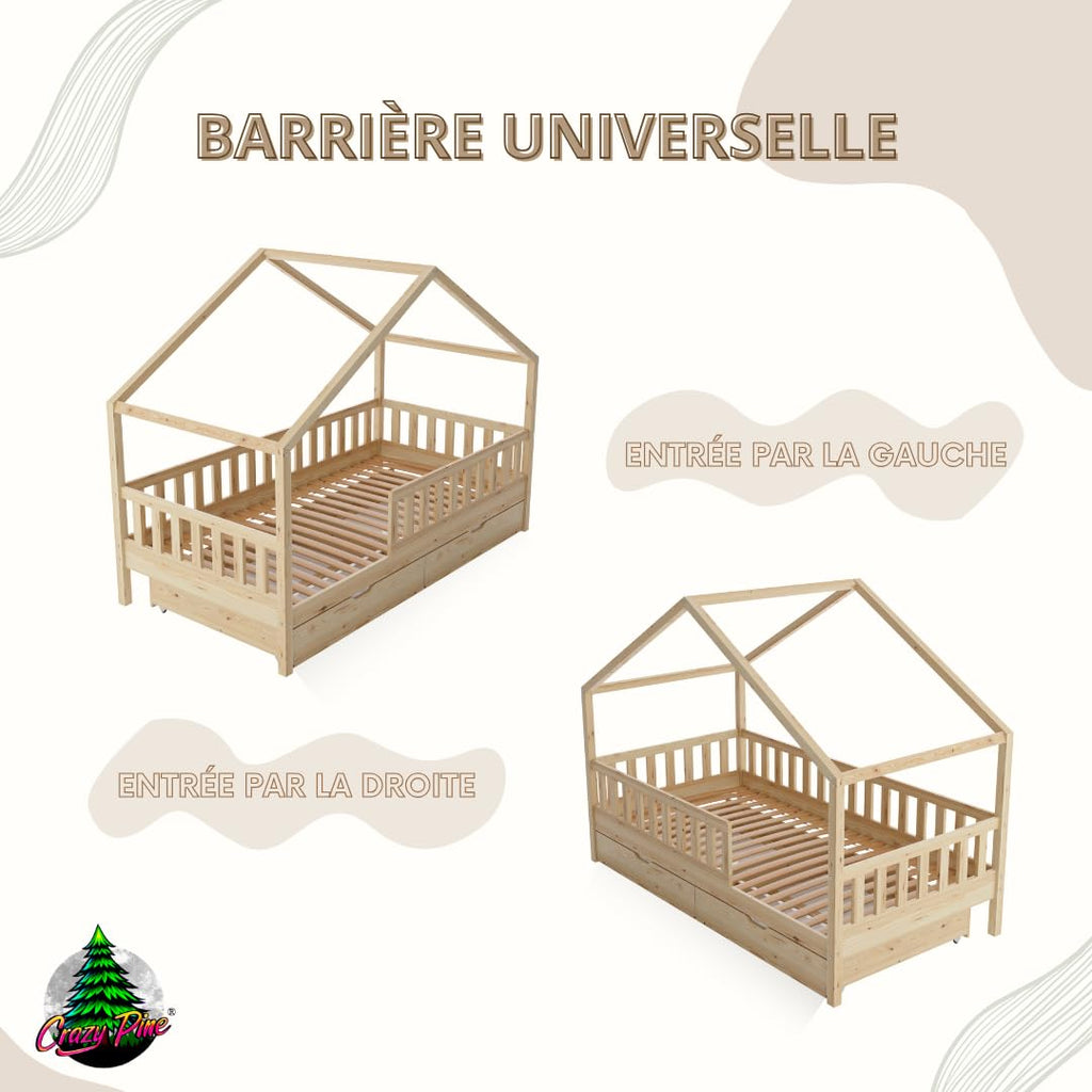 Lit cabane enfant Crazy House 190x90 cm en bois de pin avec tiroirs de rangement barrière de sécurité sommier inclus