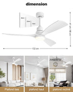 Ventilateur de plafond avec lumière LED QX-05-DE 132 cm moteur DC réversible 6 vitesses télécommande 3 pales éclairage réglable