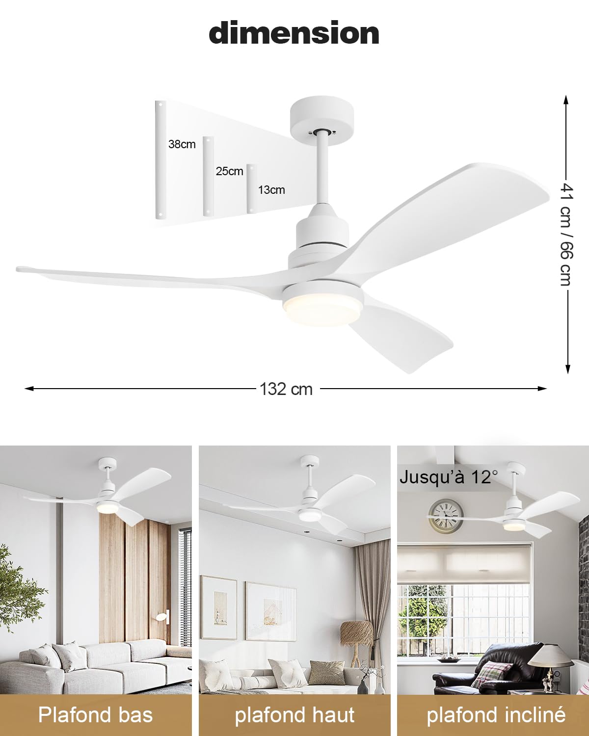 Ventilateur de plafond avec lumière LED QX-05-DE 132 cm moteur DC réversible 6 vitesses télécommande 3 pales éclairage réglable