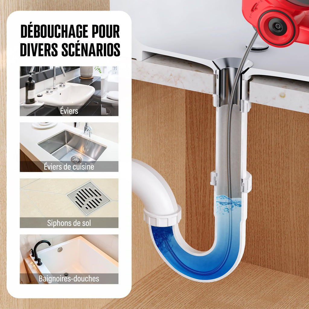 Furet déboucheur de canalisation sans fil 20V rouge arbre flexible 7,6 m pour tuyaux 19-76 mm avec batterie lithium-ion