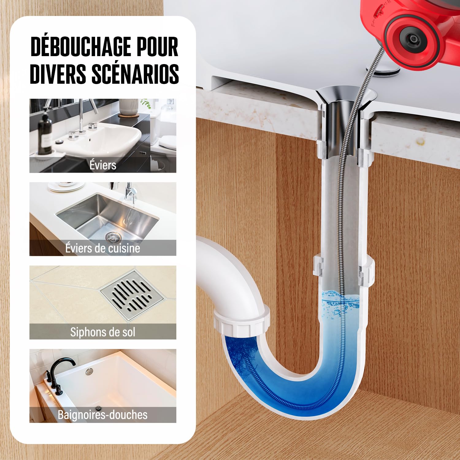 Furet déboucheur de canalisation sans fil 20V rouge arbre flexible 7,6 m pour tuyaux 19-76 mm avec batterie lithium-ion