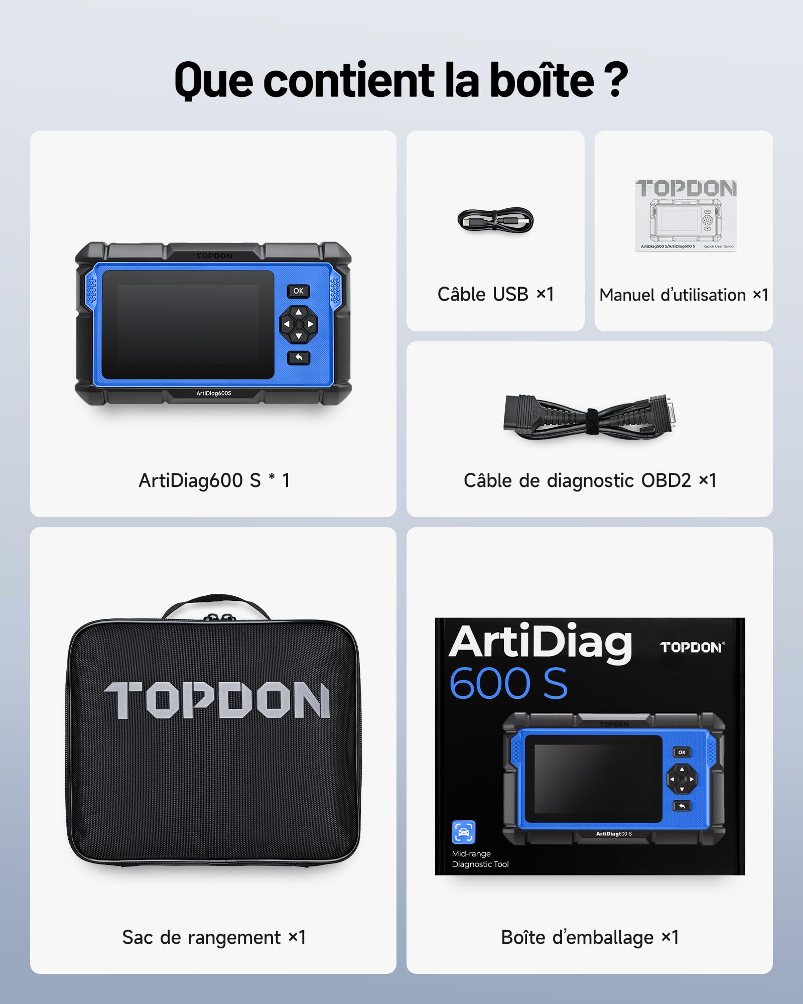 Valise diagnostic auto OBD2 ArtiDiag600S écran tactile 5 pouces Android 11 diagnostic 4 systèmes 9 fonctions réinitialisation