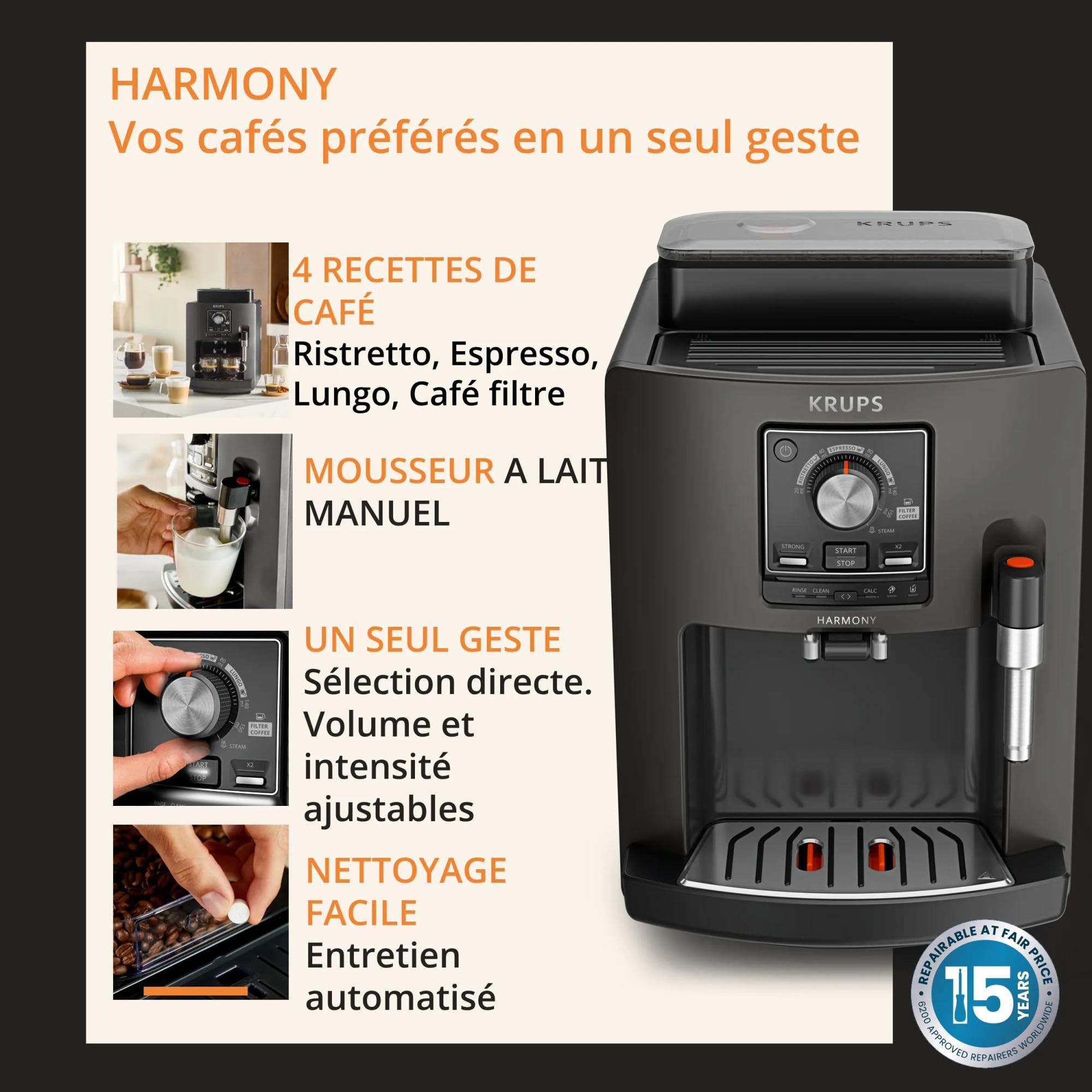 Machine espresso automatique Harmony EA508BE0 avec mousseur à lait manuel 4 boissons café en grains capacité 1,7 L buse vapeur