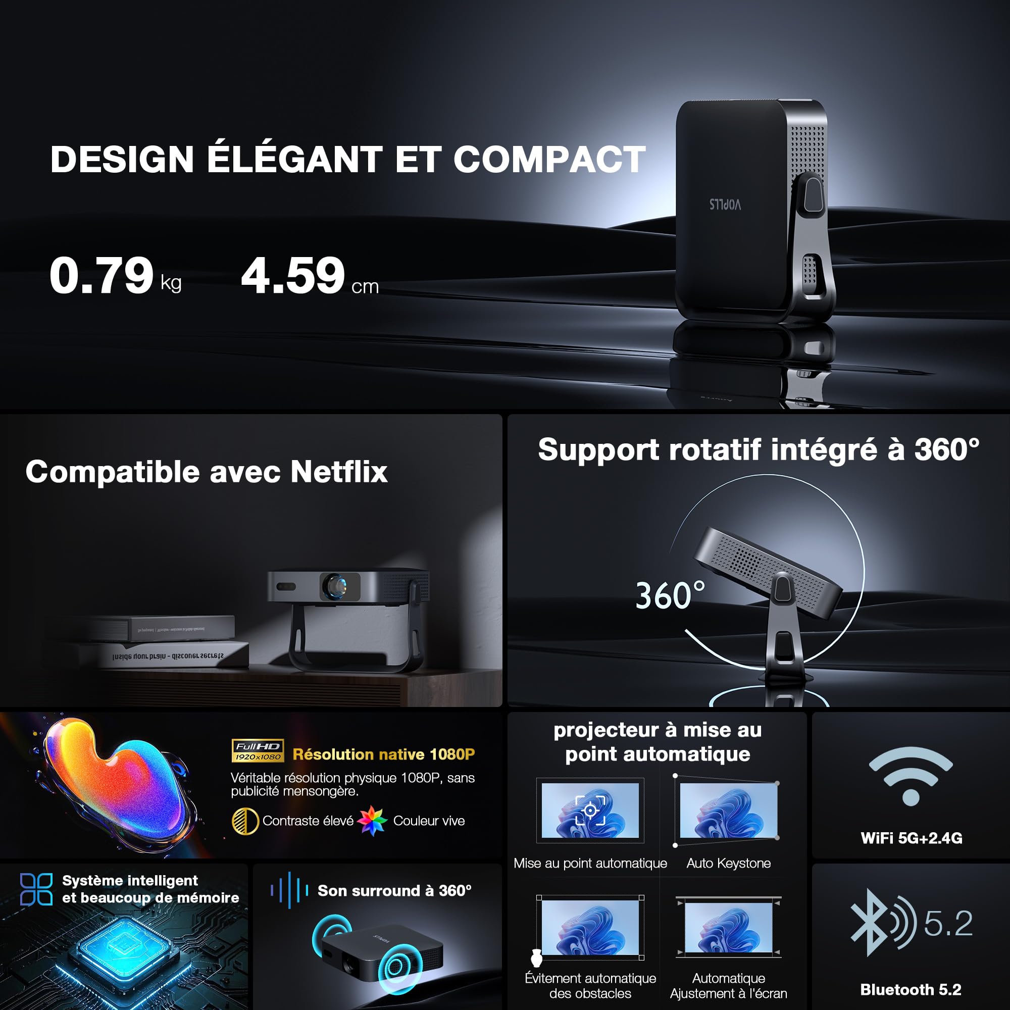 Mini vidéoprojecteur Q5 1080P Full HD compatible 4K WiFi 6 Bluetooth 5.2 autofocus correction trapézoïdale 6D support rotatif 360°