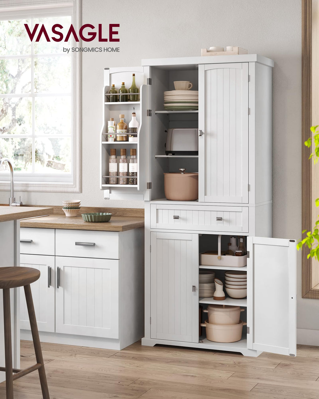 Buffet haut de cuisine BBC561W21 avec tiroir placards et étagères réglables charge maximale 27 kg 76 x 182,1 cm blanc