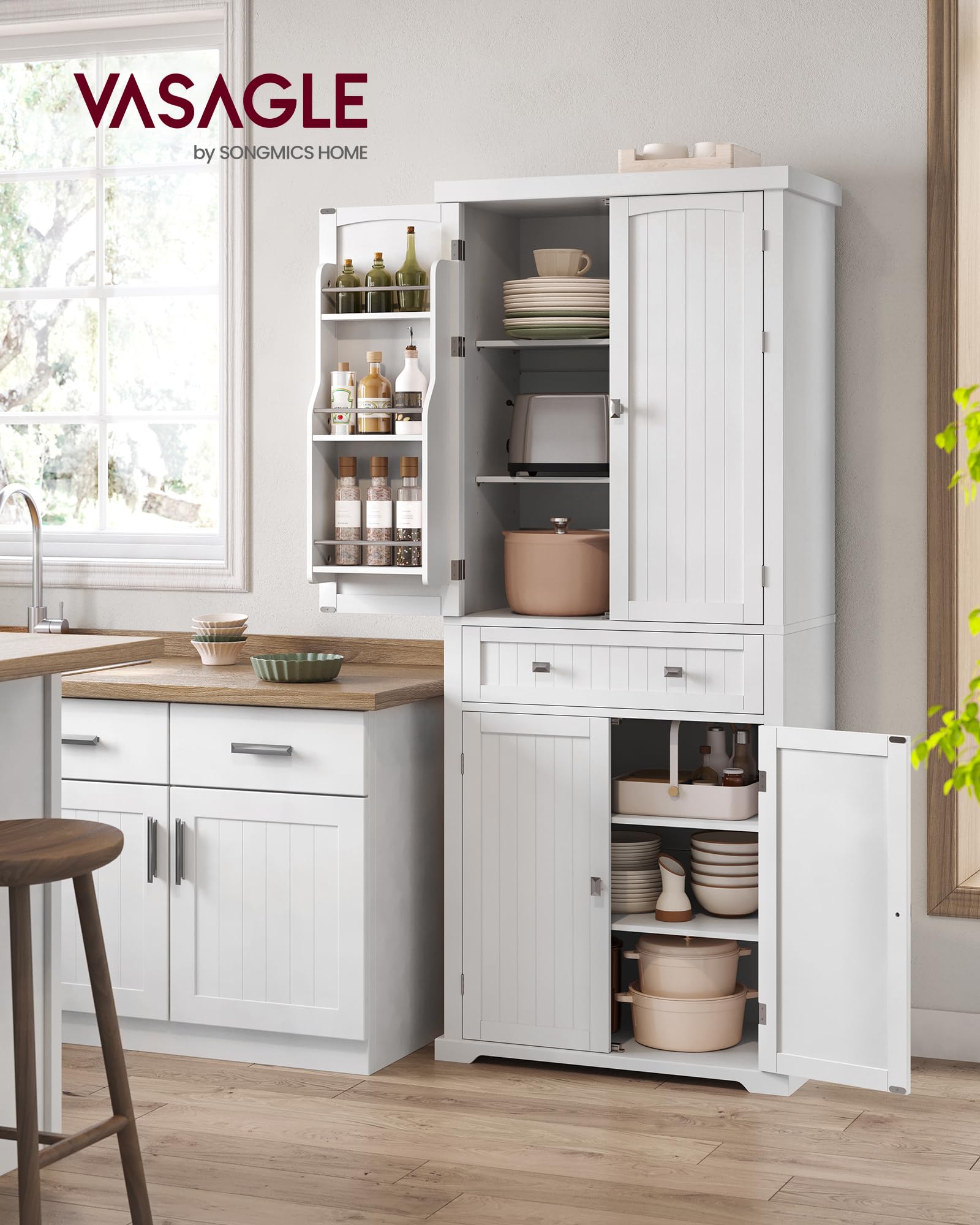 Buffet haut de cuisine BBC561W21 avec tiroir placards et étagères réglables charge maximale 27 kg 76 x 182,1 cm blanc
