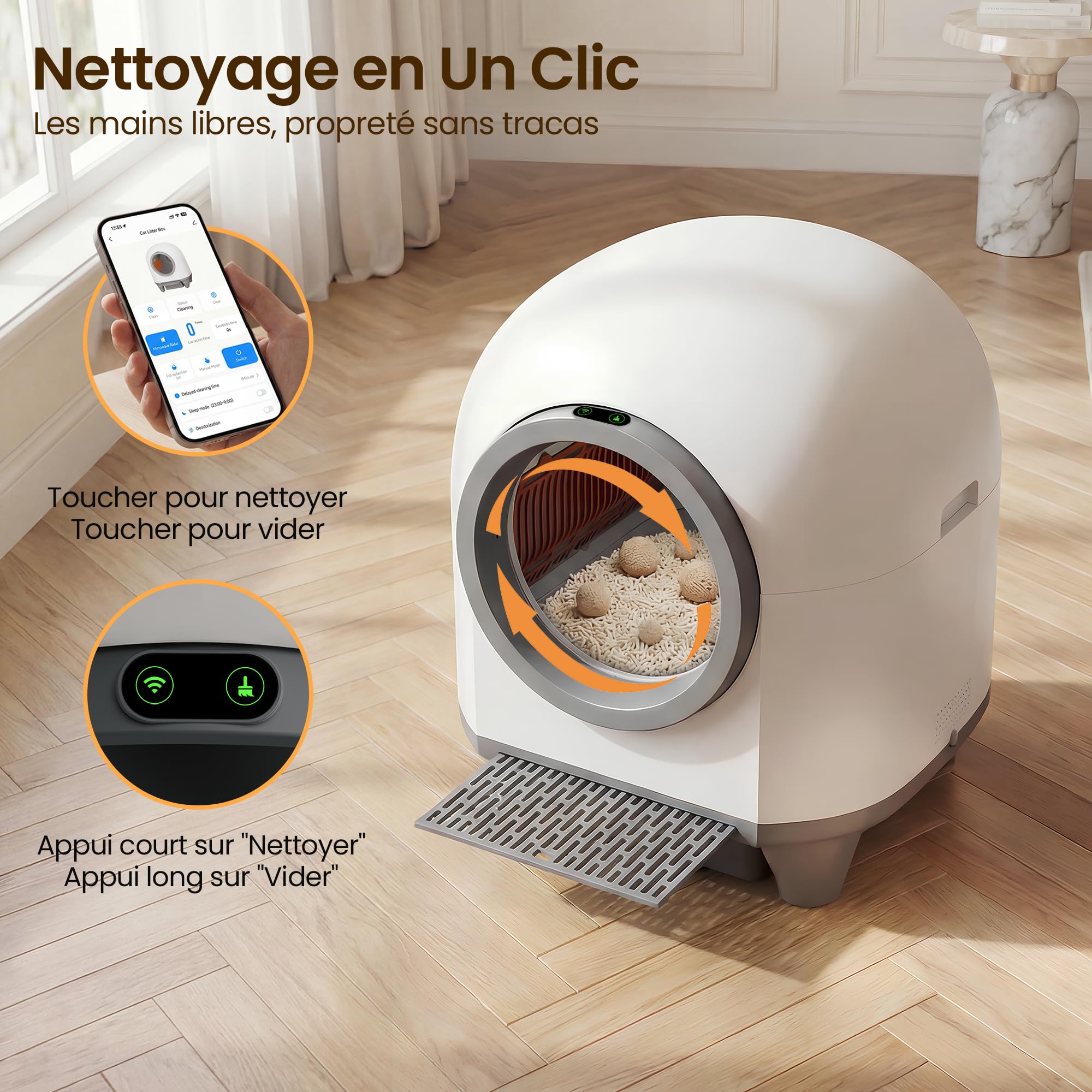 Litière autonettoyante pour chat XXL 90 L avec contrôle par application bac à déchets 8,5 L capteurs de sécurité pour chats jusqu'à 10 kg