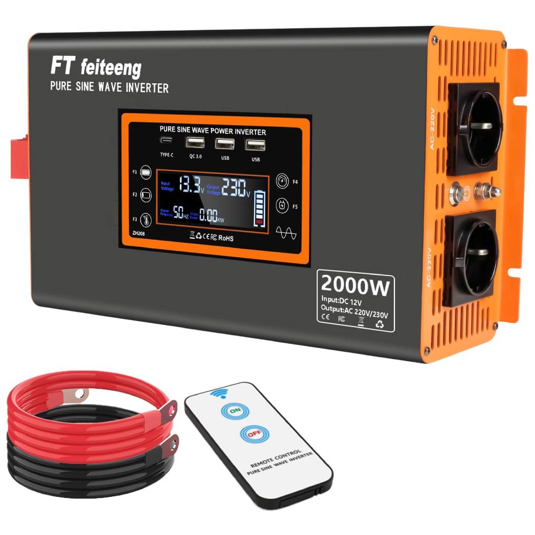Convertisseur pur sinus 12V vers 220V PSW 2000W avec écran LCD télécommande ports USB et 2 prises CA