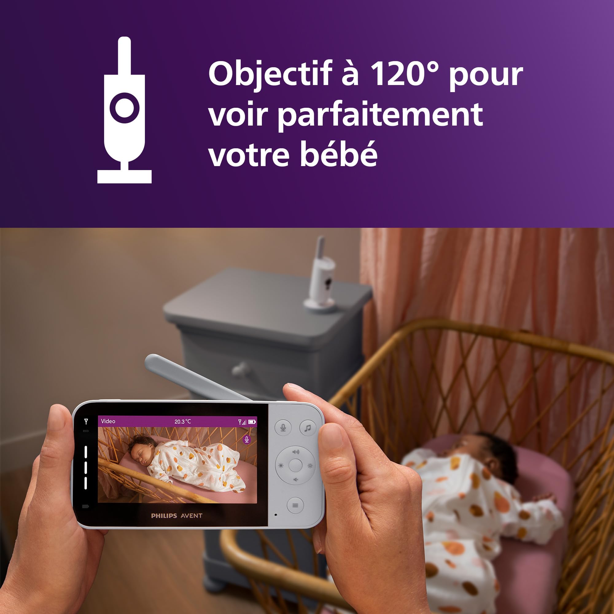 Babyphone vidéo connecté SCD951/26 avec caméra HD 1080p Wi-Fi vision nocturne infrarouge audio bidirectionnel et détection des pleurs