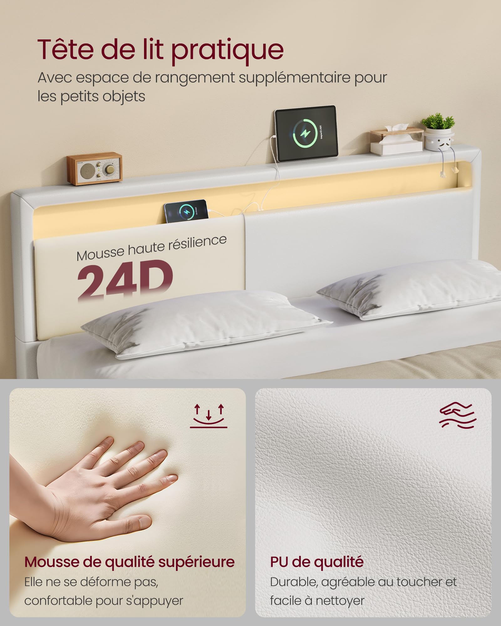 Lit double flottant 140 x 190 cm cadre avec éclairage LED tête de lit rembourrée ports USB et étagère